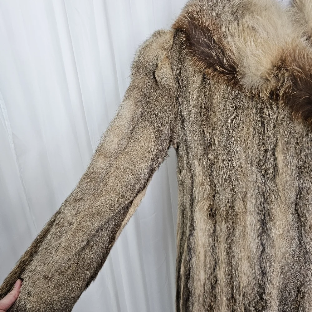 Real Fur Brown Tan Beaver Coat Fluffy Collar Glam
